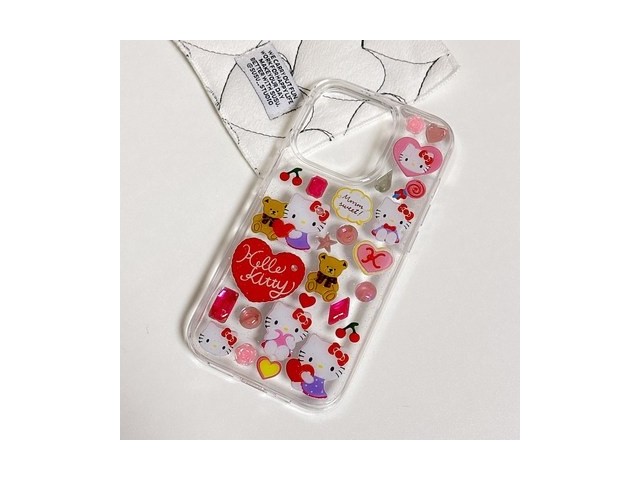 [일본 핸드폰가죽 케이스아이폰12프로] 착용하면 멋진 키티 투명 스트랩 폰케이스 아이폰 글리터 키치 11 12 13 14 15 비즈 키링